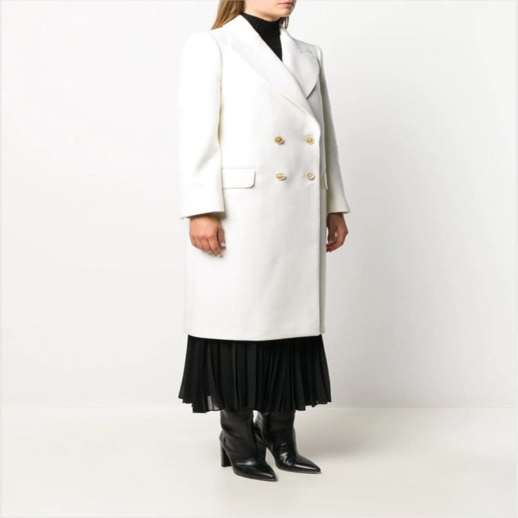 Damen Schlanker Zweireihiger Wollmix‑Longmantel mit Schalkragen, Goldknopf‑Detail und Pattentaschen Nord Taschen