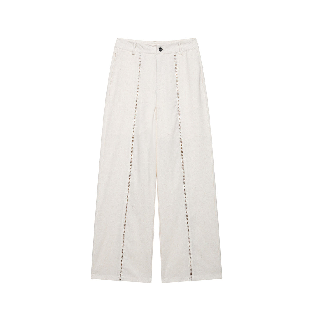 Damen Zweiteiliges Ensemble aus Wickelbluse mit Taillenschleife und weit geschnittener Leinenhose mit Zierstreifen Nord Taschen