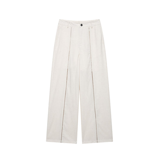 Damen Zweiteiliges Ensemble aus Wickelbluse mit Taillenschleife und weit geschnittener Leinenhose mit Zierstreifen Nord Taschen
