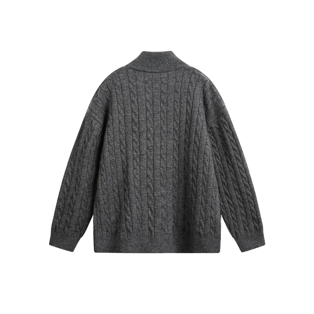 Unisex Grobstrick-Pullover mit Zopfmuster, hohem Stehkragen und Zwei-Wege-Reißverschluss Nord Taschen