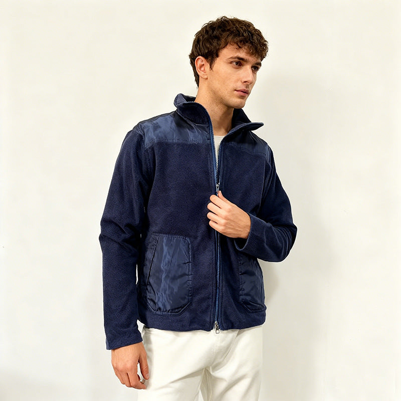 Herren Fleecejacke mit Stehkragen, Zwei‑Material‑Panel und Reißverschluss Nord Taschen