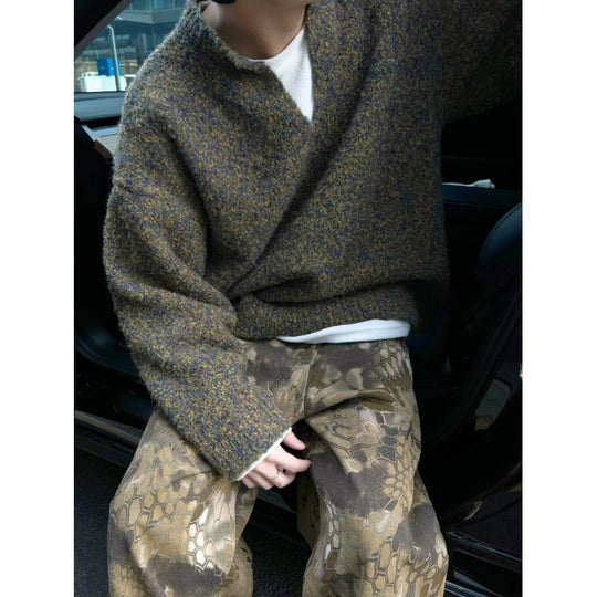 Herren Melangé Grobstrick-Pullover mit V-Schlitz und lockerem Oversize-Schnitt Nord Taschen