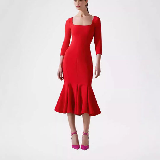 Damen Figurbetontes Midikleid mit quadratischem Ausschnitt und Meerjungfrauen-Saum Nord Taschen
