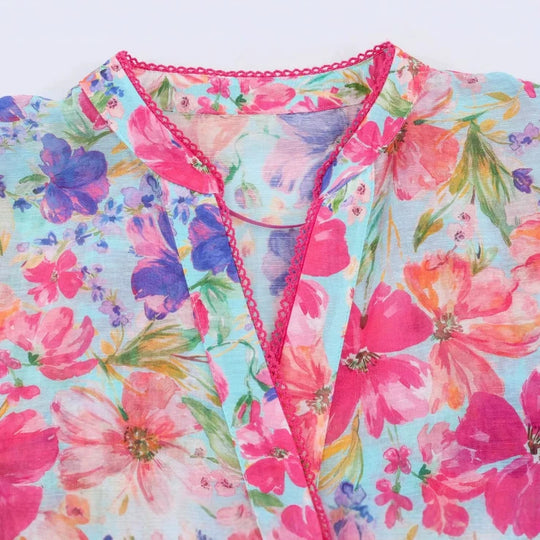 Damen Oversize‑Bluse mit leuchtendem Blumenprint, kastiger Silhouette und dreiviertelärmeln Nord Taschen
