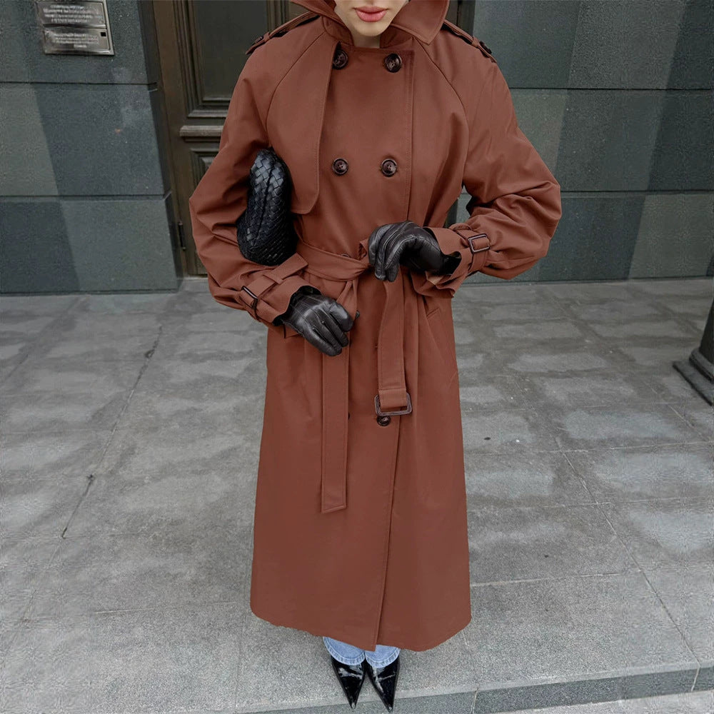 Damen Lang geschnittener wasserabweisender Trenchcoat mit hohem Stehkragen und Taillengürtel Nord Taschen