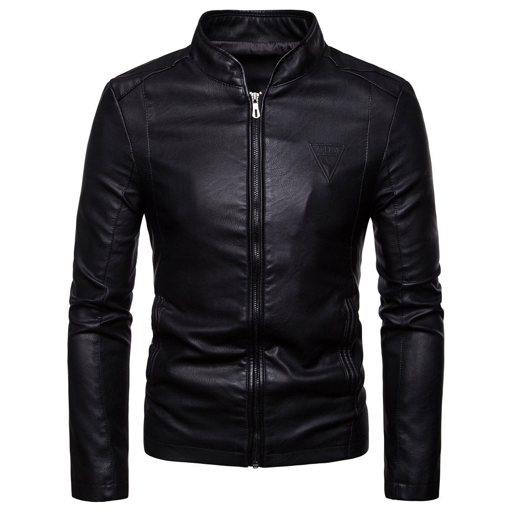 Herren schmal geschnittene Lammleder-Bikerjacke mit Stehkragen und tonalen Ziernähten Nord Taschen