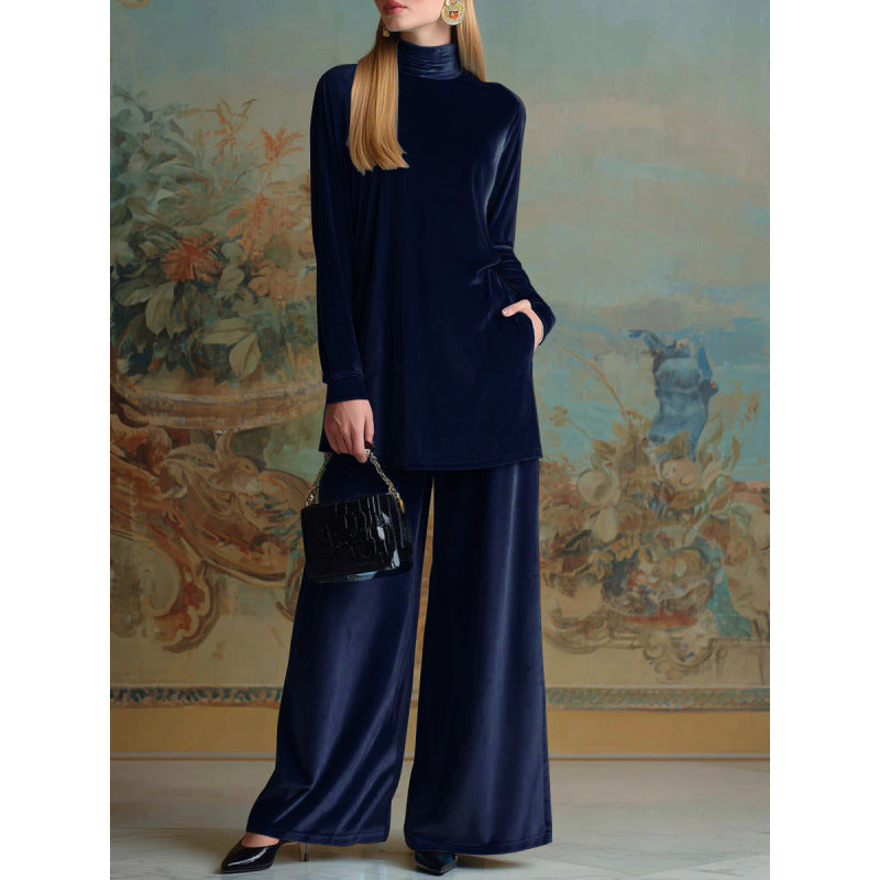 Damen Oversize-Samt-Set mit Rollkragen und weitem Palazzohose Nord Taschen
