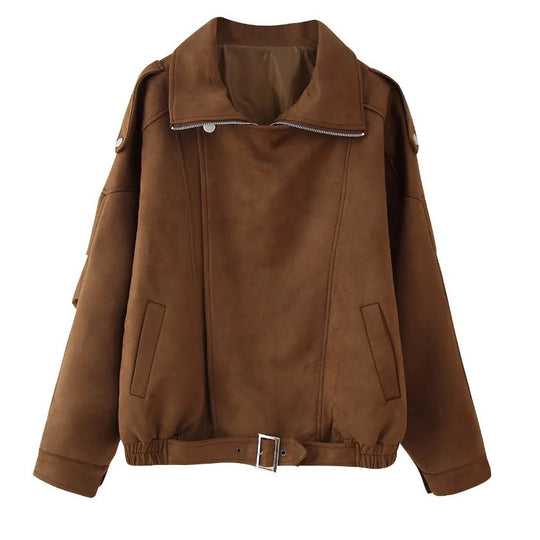 Damen Oversized Kunstwildleder‑Fliegerjacke mit Taillenriemen, Schulterpatten und Stehkragen Nord Taschen
