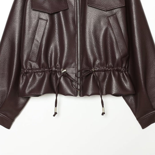 Damen Cropped Kunstlederblouson mit hohem Stehkragen, Pattentaschen und Tunnelzug Nord Taschen