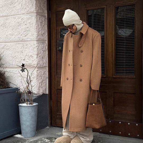 Damen Doppelreihiger Oversize-Wollmixmantel mit Nadelstreifen und weitem Schnitt Nord Taschen