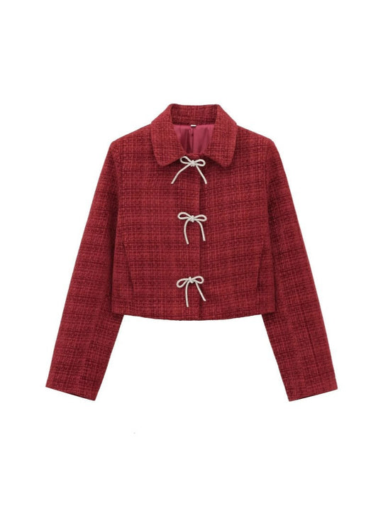Damen Kurze Bouclé‑Tweed‑Jacke mit Peter‑Pan‑Kragen und dekorativen Schleifenverschlüssen Nord Taschen