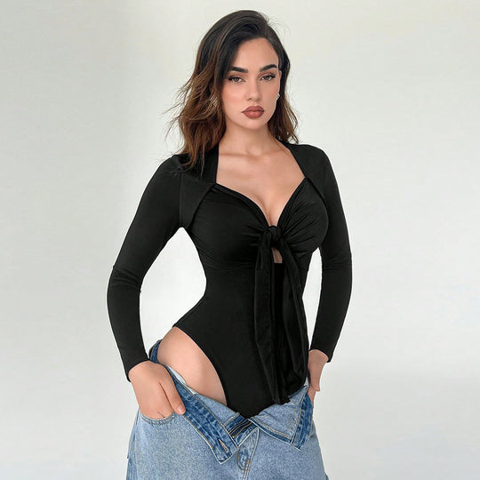 Damen figurbetonter Langarm-Bodysuit mit Knotenfront tiefem V-Ausschnitt und hochgeschnittenem Bein Nord Taschen