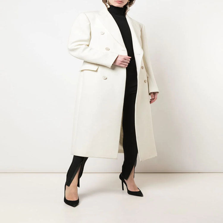 Damen Schmal geschnittener zweireihiger Wollmix‑Longcoat mit markanter Schulter Nord Taschen