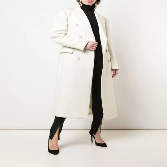 Damen Schmal geschnittener zweireihiger Wollmix‑Longcoat mit markanter Schulter Nord Taschen