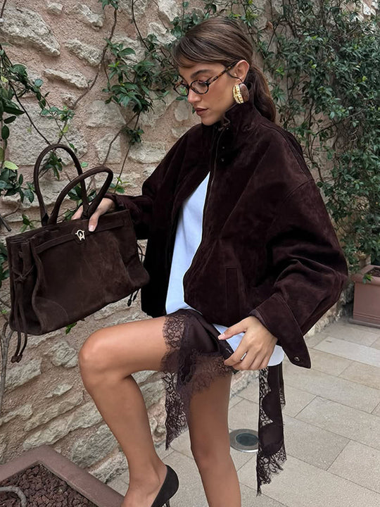Damen Kurz geschnittener Veloursleder-Blouson mit hohem Stehkragen, kastiger Oversize‑Silhouette und verdecktem Reißverschluss Nord Taschen