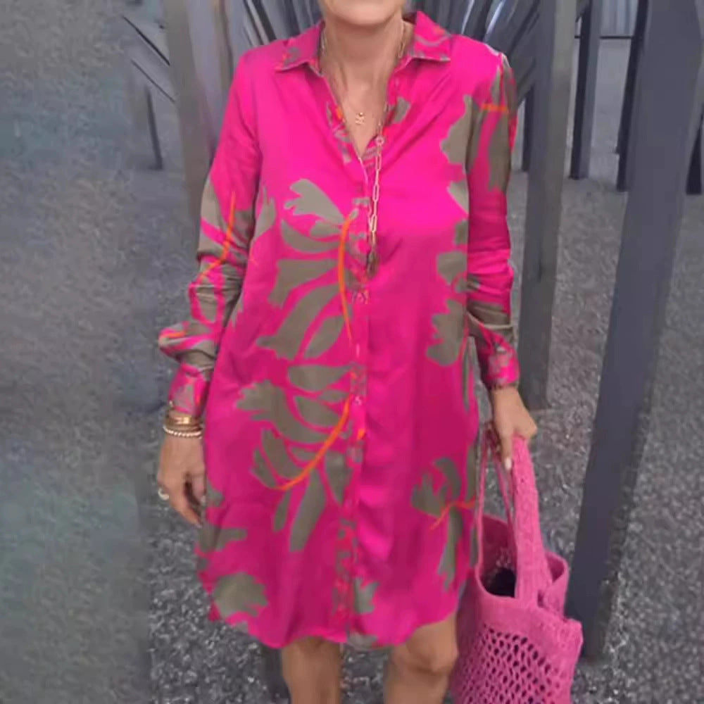Damen nan kurzes Tunika-Hemdkleid in Satinoptik mit großflächigem Blattprint, Hemdkragen und lockerer A-Linie Nord Taschen
