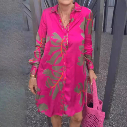 Damen nan kurzes Tunika-Hemdkleid in Satinoptik mit großflächigem Blattprint, Hemdkragen und lockerer A-Linie Nord Taschen