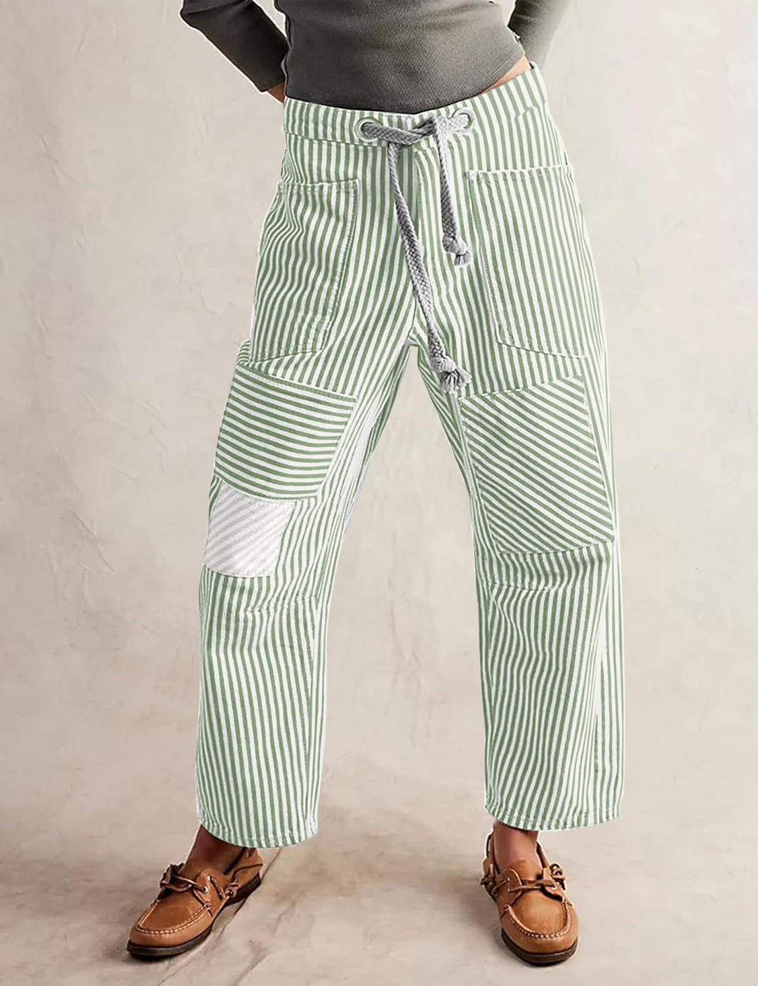 Damen lässige gestreifte Leinenhose mit Kordelzug und aufgesetzten Taschen Nord Taschen
