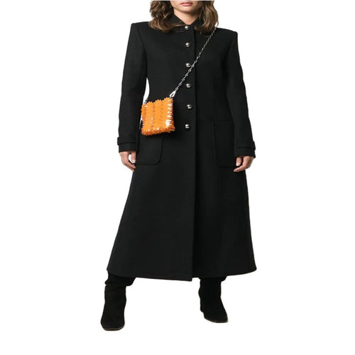 Damen Bodenlanger Taillierter Wollmix-Mantel mit Stehkragen und Zierknopfleiste Nord Taschen