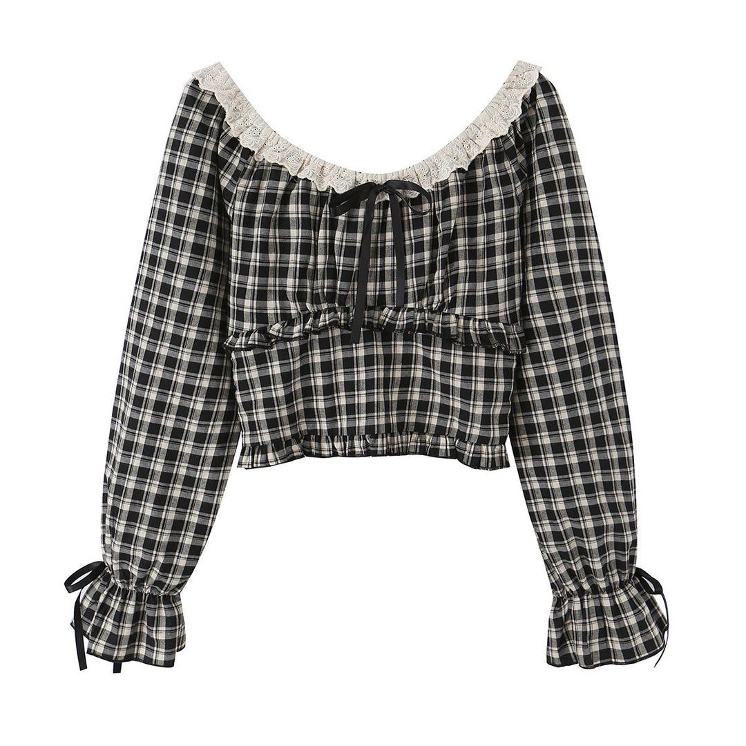 Damen Schulterfreies Karo-Cropped-Top mit Spitzenbesatz, geraffter Taille und Bindebändern Nord Taschen