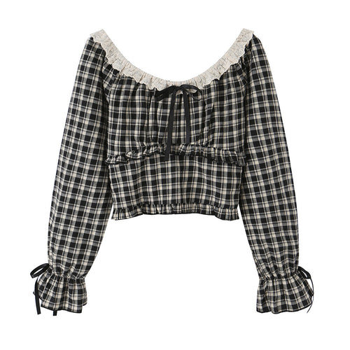 Damen Schulterfreies Karo-Cropped-Top mit Spitzenbesatz, geraffter Taille und Bindebändern Nord Taschen