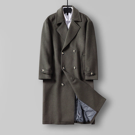 Herren Langer Doppelreihiger Wollmantel mit minimalistischer Silhouette und Schalkragen Nord Taschen