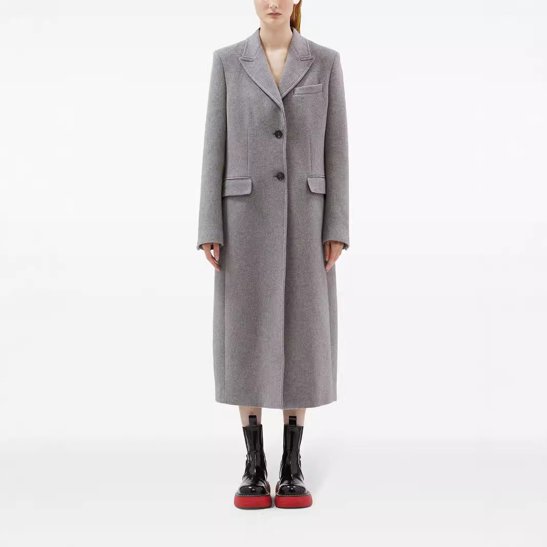 Damen Maxilanger Einreihiger Longcoat im minimalistischen Tailoring mit Pattentaschen Nord Taschen