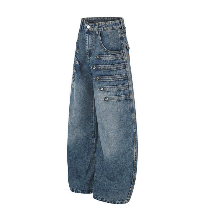 Damen Weite Denim-Palazzo-Jeans mit dekorischen Riegelnähten und Zierknopf-Details Nord Taschen