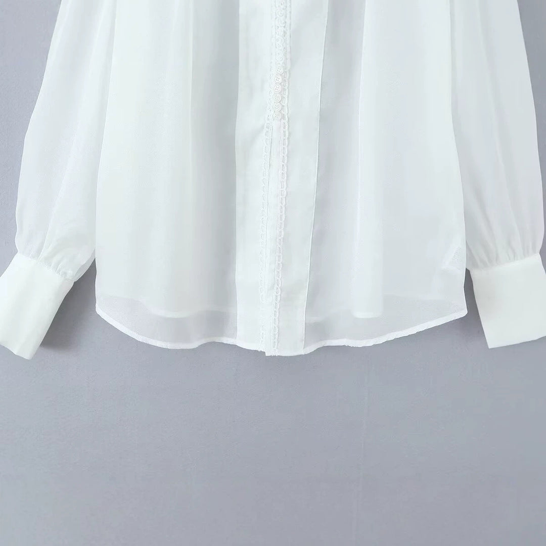 Damen Transparente Chiffon-Bluse mit Spitzenbesatz, Ballonärmeln und breiten Manschetten Nord Taschen