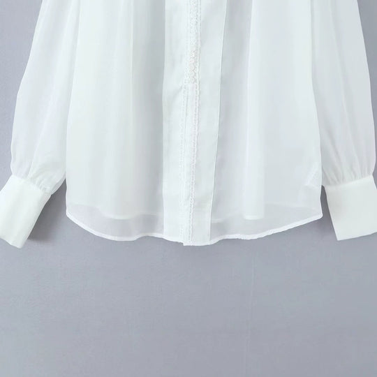 Damen Transparente Chiffon-Bluse mit Spitzenbesatz, Ballonärmeln und breiten Manschetten Nord Taschen