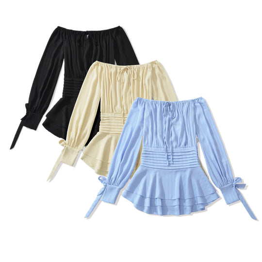 Damen Schulterfreies Off-Shoulder-Blusen- und Plissee-Minirock-Set aus Leichtstoff Nord Taschen