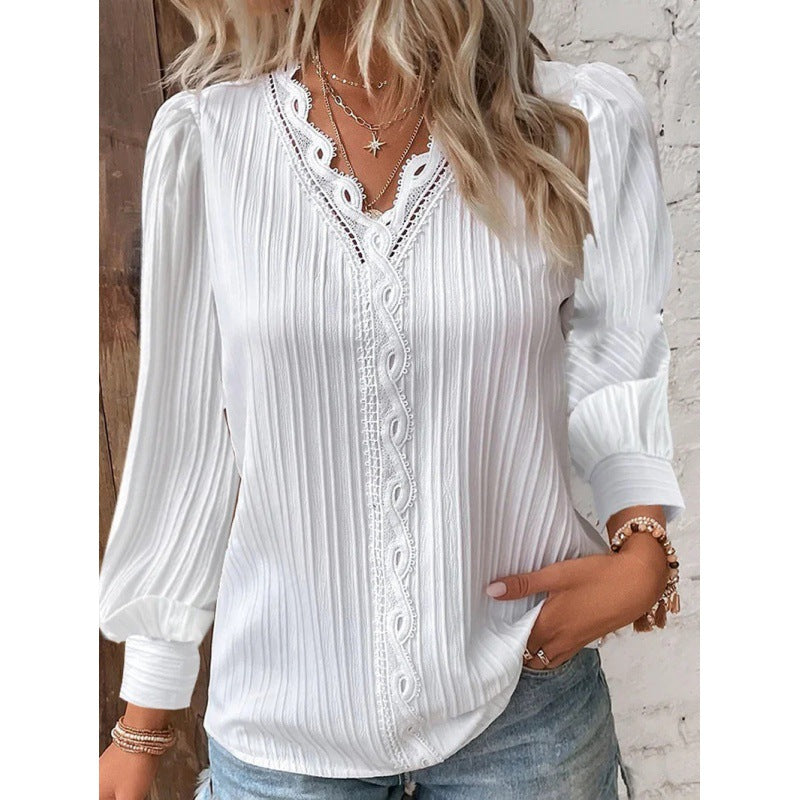 Damen Plissierte V‑Ausschnitt Bluse mit Spitzenbesatz und Ballonärmeln Nord Taschen
