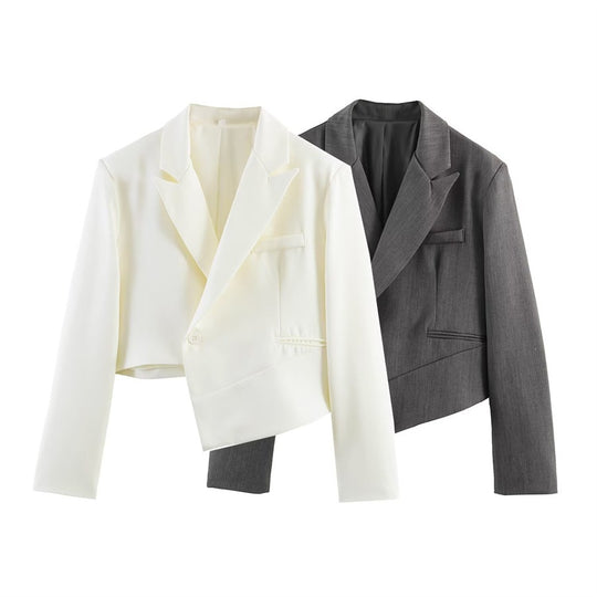 Damen Asymmetrischer Cropped-Blazer mit schräger Saumlinie und Reverskragen Nord Taschen