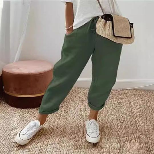 Damen Lässige Leinen-Joggerhose mit hohem Bund, Tunnelzug und gekrempeltem Saum Nord Taschen