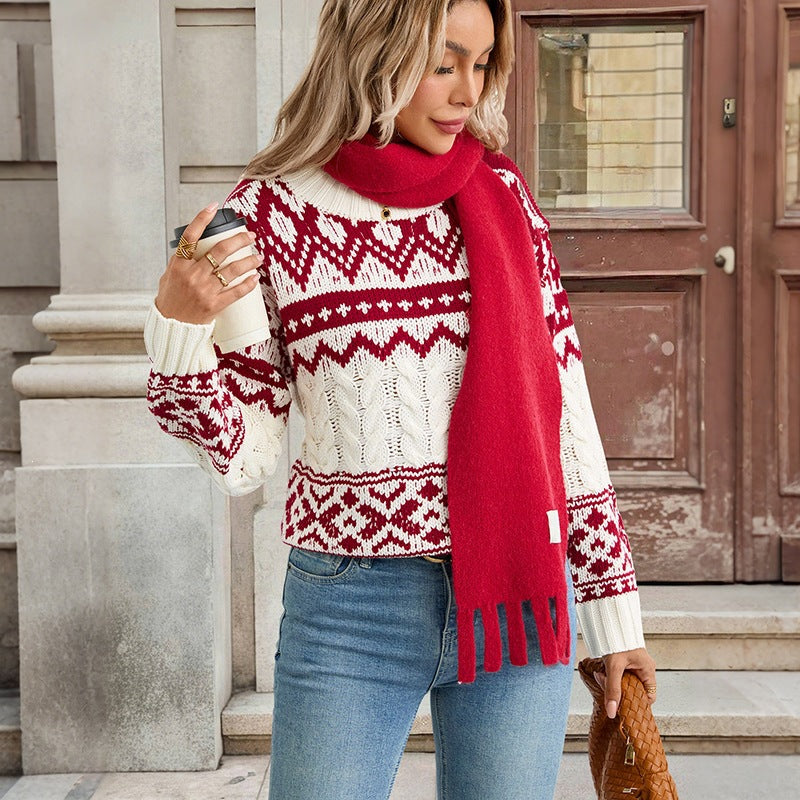 Damen Gemusterter Norweger-Pullover mit Zopfstrick und Rippbündchen Nord Taschen