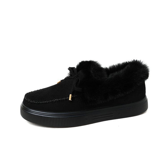 Damen Kuschel‑Mokassin‑Slipper mit hochfloriger Fellmanschette, dekorativer Steppnaht und leichtem Plateau‑Sohlenprofil Nord Taschen