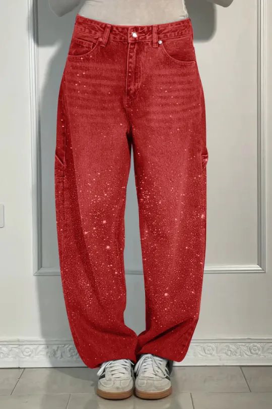 Damen High-Waist Jeans im weiten Cargo-Schnitt mit funkelndem Strassbesatz Nord Taschen