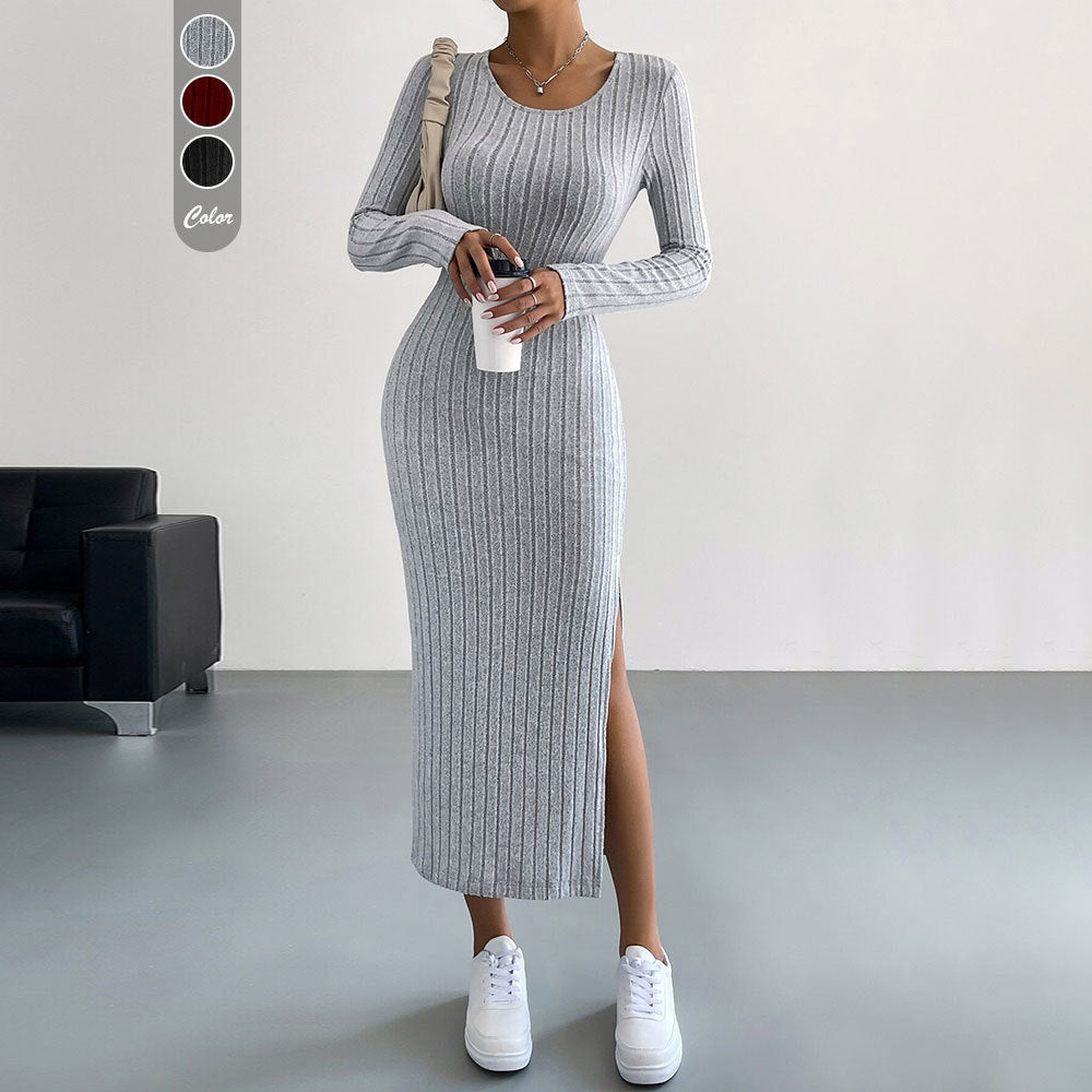 Damen figurbetontes Rippenstrick-Midikleid mit schmaler Silhouette, Rundhalsausschnitt und seitlichem Oberschenkelschlitz Nord Taschen