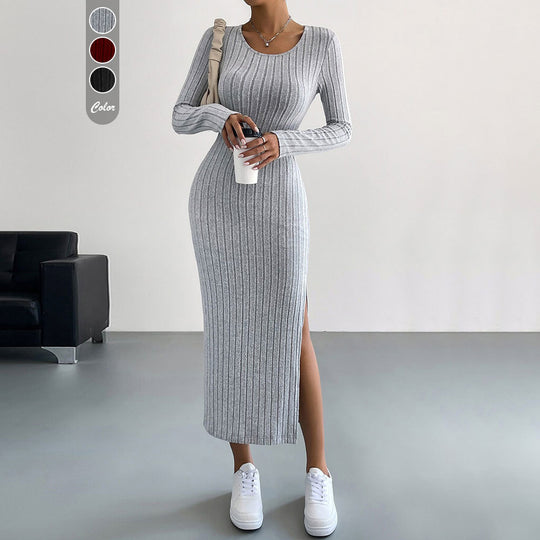 Damen figurbetontes Rippenstrick-Midikleid mit schmaler Silhouette, Rundhalsausschnitt und seitlichem Oberschenkelschlitz Nord Taschen