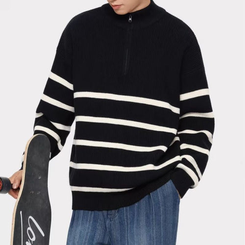 Unisex Oversize Strickpullover mit halbem Reißverschluss, maritimen Kontraststreifen und strukturierter Rippoptik Nord Taschen