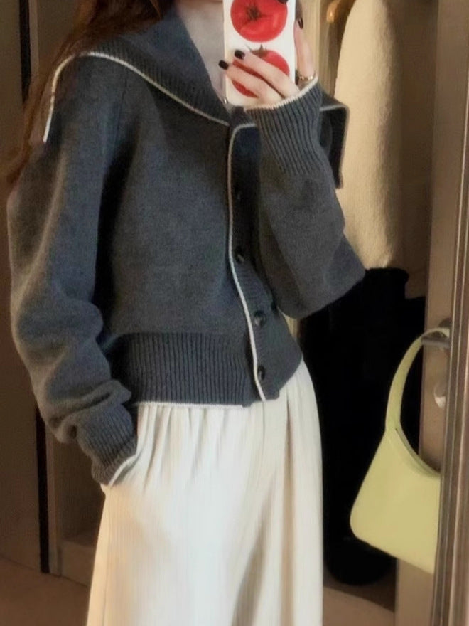 Damen Strickcardigan mit übergroßem Matrosenkragen und kontrastkante Nord Taschen