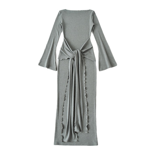 Damen Maxikleid aus Rippstrick mit Trompetenärmeln und Taillen-Knotendetail Nord Taschen