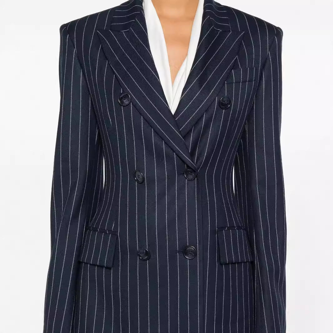 Damen Nadelstreifen Zweireihiger Blazer mit High‑Waist Schlaghose Nord Taschen
