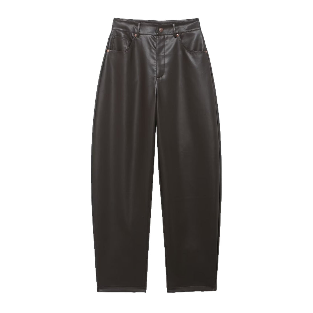 Damen Hochtaillierte Kunstlederhose mit weiter tapered Passform Nord Taschen