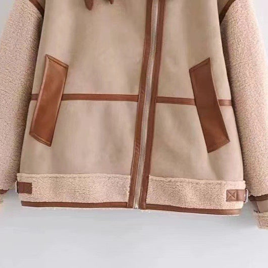 Damen Kurzjacke im Aviator-Look mit Teddyfutter, Kunstlederbesatz und asymmetrischem Reißverschluss Nord Taschen