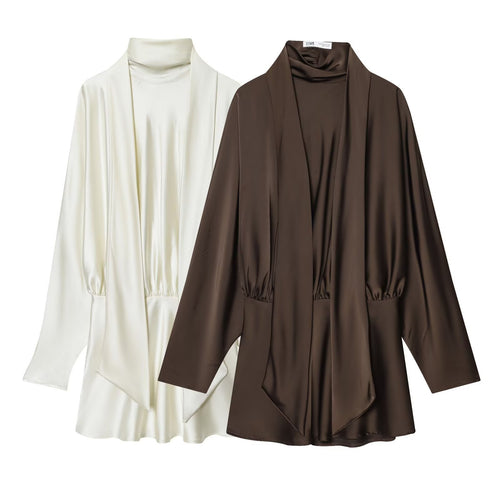 Damen 30+ elegante seidenähnliche Bluse mit Stehkragen und drapiertem Schlupfdetail Nord Taschen