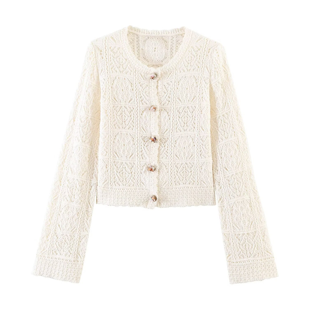 Damen Häkelstrick-Cardigan mit Rundhals, filigranem Lochmuster und Zierknöpfen Nord Taschen
