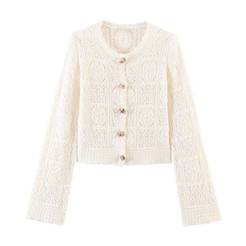 Damen Häkelstrick-Cardigan mit Rundhals, filigranem Lochmuster und Zierknöpfen Nord Taschen
