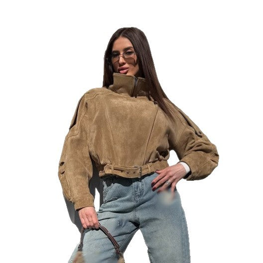 Damen Kurz geschnittene Wildleder-Bomberjacke mit Gürtel & Oversize-Ärmeln Nord Taschen