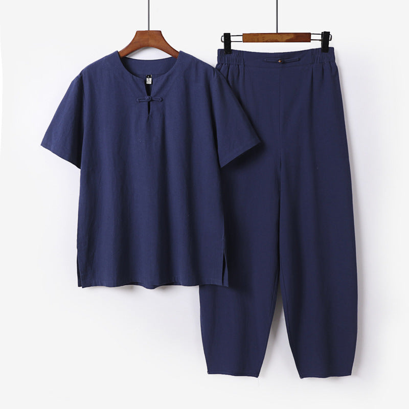Herren Zweiteiliges Set mit Kurzarm-Stehkragenhemd und elastischer Haremshose Nord Taschen